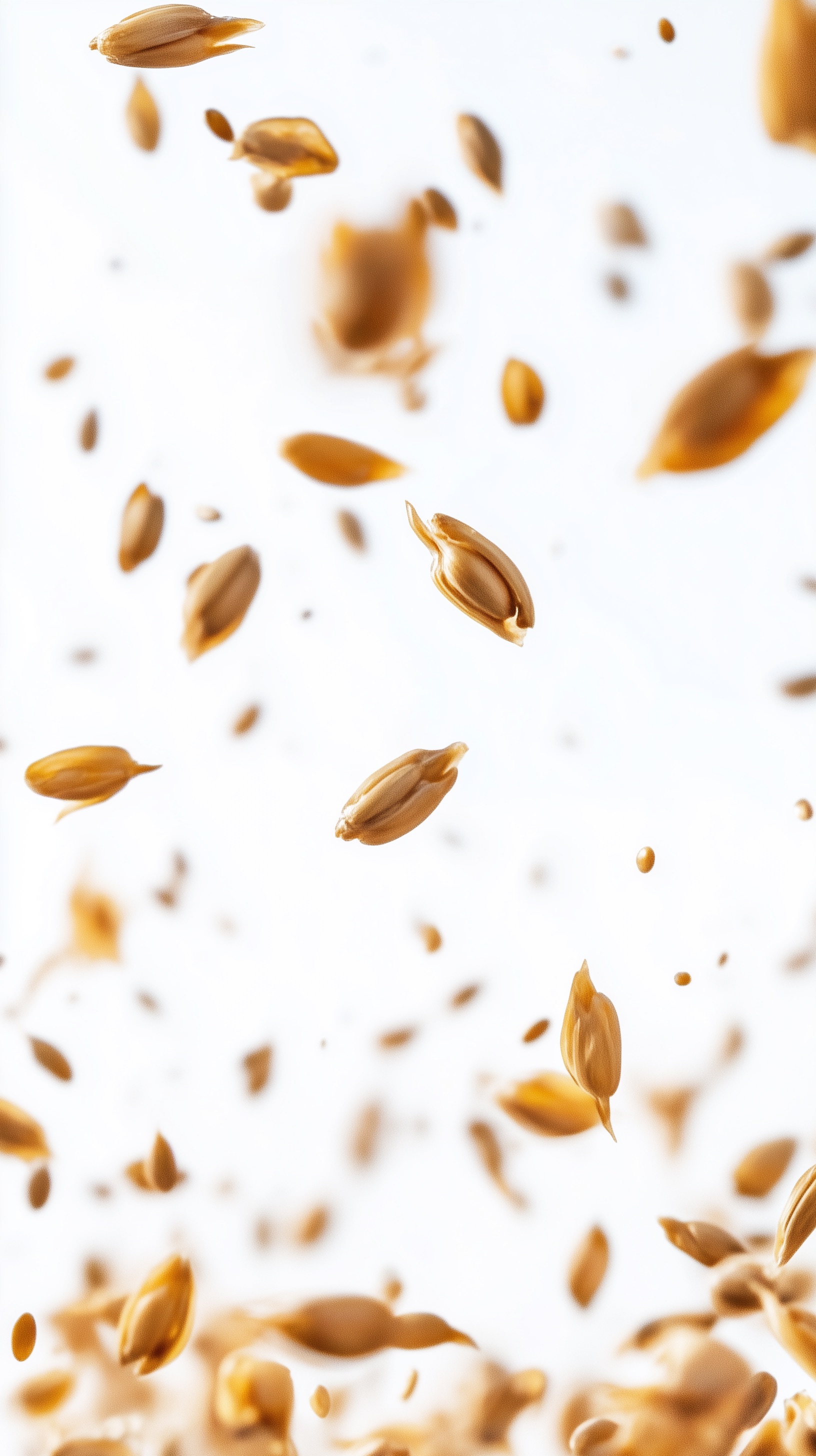 Close-up of scattered golden grain seeds suspended against a bright white background.